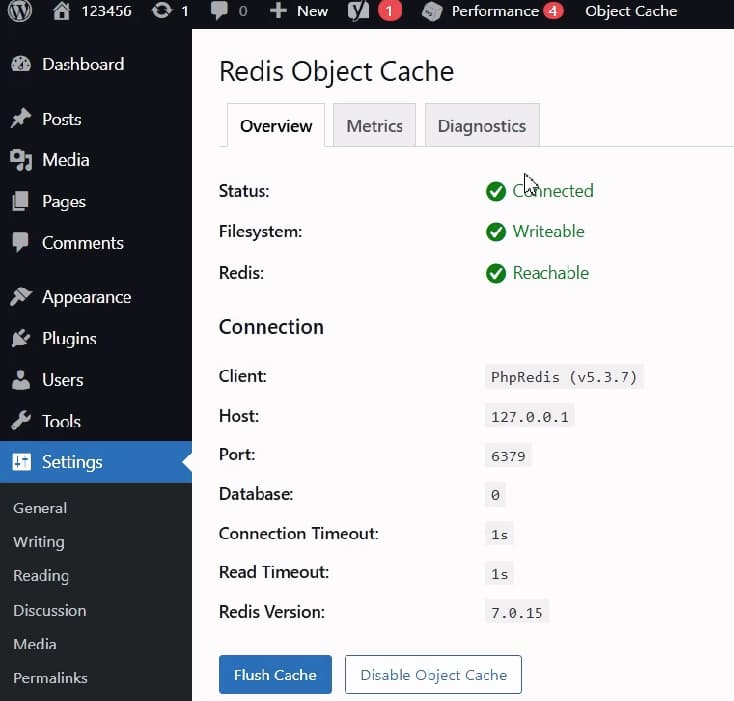 wordpress-tutorial-06-redis-plugin-status